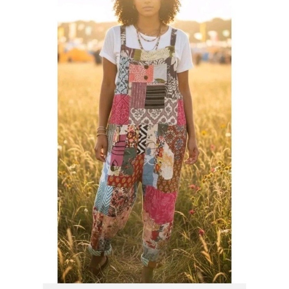 Ashley Taylor Patchwork Overalls Womens One Size Multi Color Recycled Cotton